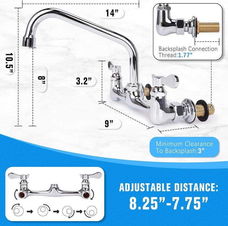 Bietor Wall Mount Kitchen Faucet 8" Center Commercial Sink Faucet with 14" Swivel Spout Dual Handles Brass Utility Sink Faucet for Laundry Room Restaurant Polish Chrome - Image 2